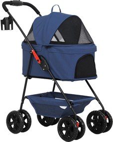 PawHut Cărucior pentru Animale de Companie 3 în 1 cu 4 Roți și Geantă de Transport Detașabilă, 76x50x102 cm, Albastru | Aosom Romania
