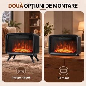 HOMCOM Șemineu electric de masă 800W/1600W cu bază detașabilă, efect de flacără LED, până la 25 m², negru | Aosom Romania