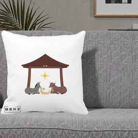 Perna Decorativa Ieslea din Betleem cu Iesle Asin si Bou, 40x40 cm, Alba Mata, Husa Detasabila, Perna Inclusa, BEKZ®