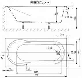 Cadă de baie dreaptă Doria 75x170