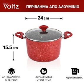 Oala adanca Oliver Voltz OV54418A24D, 24 cm, 5.9 litri, Acoperire cu marmura, Inductie, Rosu