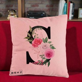 Cadou Personalizat - Perna Personalizata Monograma Florala Litera S, 40x40 cm, Roz, Husa Detasabila, Perna Inclusa, BEKZ®
