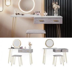 SEA393 - Set Masa toaleta, 120 cm, cosmetica machiaj, oglinda cu LED, masuta vanity, scaun tapitat - Alb-Auriu-Gri