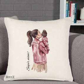 Cadou pentru Mama - Perna Personalizata Super Mom Jachete Roz, 40x40 cm, Crem Reliefat, Husa Detasabila, Perna Inclusa, BEKZ®