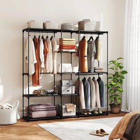 HOMCOM Dulap Garderobă din Material Textil cu 8 Rafturi și 3 Bare pentru Agățat, 182x43x185 cm, Negru | Aosom Romania