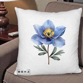 Perna Decorativa Anemona Albastra Botanica, 40x40 cm, Alb Pufos, Husa Detasabila, Perna Inclusa, BEKZ®