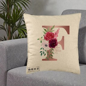 Cadou Personalizat - Perna Personalizata Monograma Rose Gold Litera F, 40x40 cm, Bej, Husa Detasabila, Perna Inclusa, BEKZ®