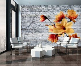 Fototapet - Flori portocalii pe scânduri din lemn (152,5x104 cm), în 8 de alte dimensiuni noi