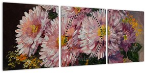 Tablou - Pictură în ulei, flori în vază (cu ceas) (90x30 cm)