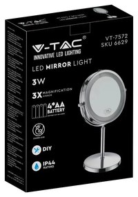 Oglinda dubla LED pentru machiaj 6629-VT, marire 1X sau 3X, stativ crom, alimentare cu baterii, V-TAC