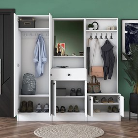 Pantofar Cuier Hol Genus cu 6 usi si oglinda, Alb, 180 x 183 x 37 cm