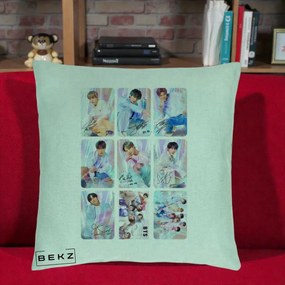 Perna Personalizata K-pop BTS Colaj 9 Fotografii Autografe Individual, 40x40 cm, Verde Menta, Husa Detasabila, Perna Inclusa, BEKZ®