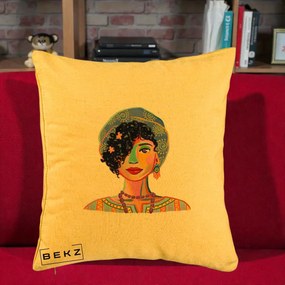 Perna Decorativa Portret Femeie Etnic Colorat, 40x40 cm, Galben, Husa Detasabila, Perna Inclusa, BEKZ®