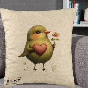 Perna Decorativa Pasare Verde cu Inima si Floare, 40x40 cm, Bej, Husa Detasabila, Perna Inclusa, BEKZ®