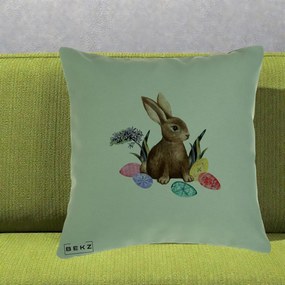 Perna Decorativa Iepuras cu Oua de Pasti Acuarela, 40x40 cm, Verde, Husa Detasabila, Perna Inclusa, BEKZ®