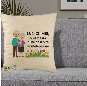 Cadou pentru Bunici - Perna Personalizata Bunicii Mei Comoara Cuplu Senior cu Flori Colorat, 40x40 cm, Bej, Husa Detasabila, Perna Inclusa, BEKZ®