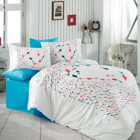 Lenjerie de pat, bumbac 100% poplin, alb / turquoise, 4 piese, HBP-64