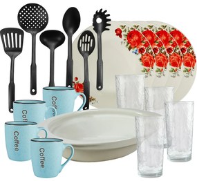 Set de Veselă Floral complet, 4 persoane, 19 piese