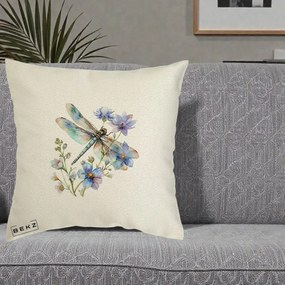 Perna Decorativa Libelula Acuarela Flori Albastre, 40x40 cm, Ecru, Husa Detasabila, Perna Inclusa, BEKZ®