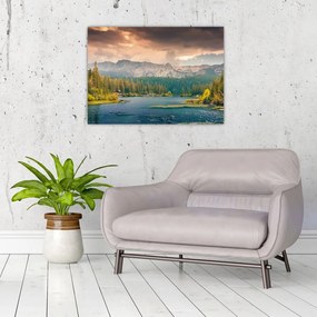 Tablou pe sticlă cu râu montan și munți (70x50 cm)