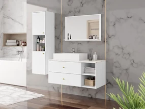 Mobilier baie Kiago II (Alb mat + Marmură bianco + auriu) (cu sifon). 1103960