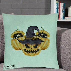 Perna Decorativa Trio Dovleci Jack-o-Lantern cu Palarie Vrajitoare, 40x40 cm, Verde Menta, Husa Detasabila, Perna Inclusa, BEKZ®
