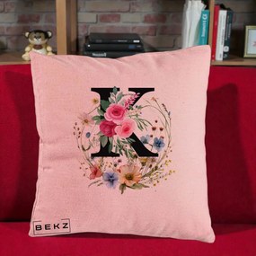 Cadou Personalizat - Perna Personalizata Monogram Litera K cu Flori Acuarela, 40x40 cm, Roz, Husa Detasabila, Perna Inclusa, BEKZ®