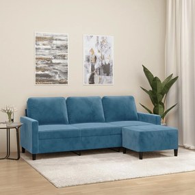 Canapea cu 3 locuri si taburet, albastru, 180 cm, catifea