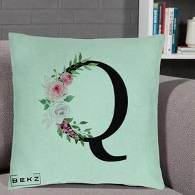 Cadou Personalizat - Perna Personalizata Monograma Florala Litera Q, 40x40 cm, Verde Menta, Husa Detasabila, Perna Inclusa, BEKZ®