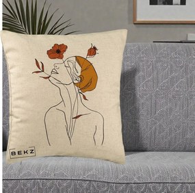 Perna Decorativa Portret Feminin Mac Privire Inalta, 40x40 cm, Bej, Husa Detasabila, Perna Inclusa, BEKZ®