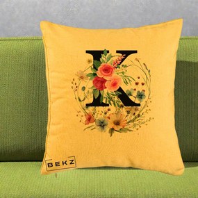 Cadou Personalizat - Perna Personalizata Monogram Litera K cu Flori Acuarela, 40x40 cm, Galben, Husa Detasabila, Perna Inclusa, BEKZ®