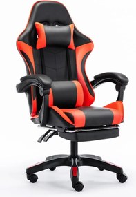 Scaun gaming, Masaj în perna lombară, Rabatabil 90-145°, Suport picioare, piele PU, Negru/Rosu