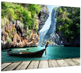 Tablou pe sticlă - Apă peisaj mediteranean cu barca (70x50 cm)