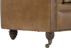 Canapea Chesterfield cu 3 locuri din piele, maro, spătar și brațe capitonate cu ținte, picioare cu rotile, finisaj patinat, 80 x 190 x 77 cm,