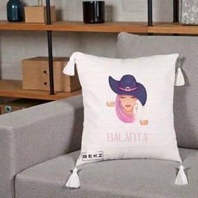 Perna Personalizata Zodiac Balanta Cowgirl, 40x40 cm, Bej cu Franjuri, Husa Detasabila, Perna Inclusa, BEKZ®