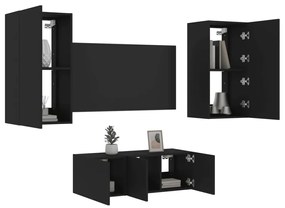 3216819 vidaXL Unități de perete TV cu LED-uri, 4 piese, negru, lemn prelucrat