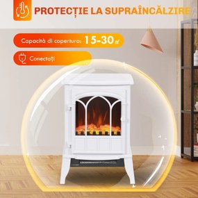 HOMCOM Șemineu Electric de Podea 1000W/2000W Efect de Flacără Luminositate Reglabilă Alb | Aosom Romania