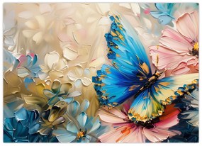 Tablou pe sticlă - Pictura de flori și fluturi (70x50 cm)