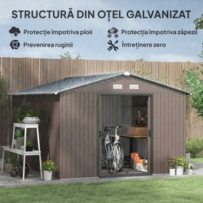 Outsunny Magazie de Grădină 8.3m² din Oțel Zincat, Uși Duble Glisante, 277x322x192 cm, Maro | Aosom Romania