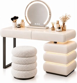 Set ÉLORIA — Masă de Toaletă pentru Machiaj cu Oglindă iluminată LED, 3 culori, Control Touch, Comodă cu cu iluminare LED intre sertare, Taburet, Alb