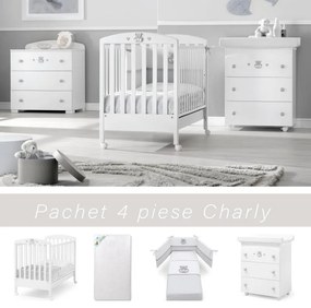 Pachet 4 piese Patut + Saltea + Set Textil Protectie + Comoda Charly