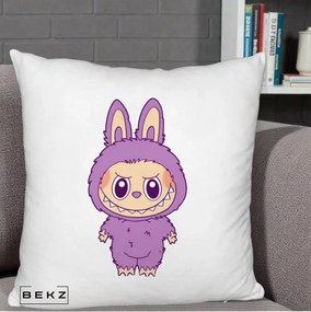 Perna Personalizata Labubu Violet Solo, 40x40 cm, Alb Pufos, Husa Detasabila, Perna Inclusa, BEKZ®