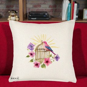 Perna Decorativa Pasare Roz pe Colivie Aurie cu Flori, 40x40 cm, Crem Reliefat, Husa Detasabila, Perna Inclusa, BEKZ®