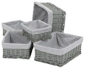 Set coșuri de răchită cu țesătură buline gri, 5 buc., 5 dimensiuni, 48 x 18 x 37 cm