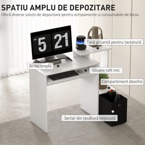 HOMCOM Birou modern pentru PC, birou pentru computer cu raft pentru tastatura, raft si spatiu de depozitare din material, 100x40x86.6cm, alb si negru