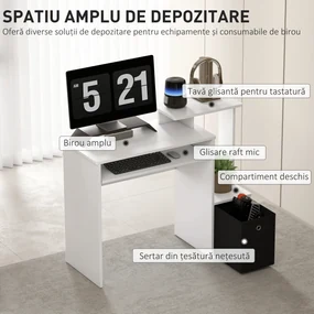 HOMCOM Birou modern pentru PC, birou pentru computer cu raft pentru tastatura, raft si spatiu de depozitare din material, 100x40x86.6cm, alb si negru