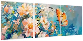 Tablou - Fluture și flori, pictură în ulei II. (cu ceas) (90x30 cm)