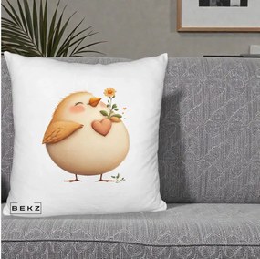 Perna Decorativa Pui cu Inima si Floarea-Soarelui, 40x40 cm, Alb Pufos, Husa Detasabila, Perna Inclusa, BEKZ®