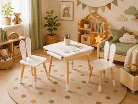 Set pentru copii reglabil BUNNY, masă și 2 scaune, alb/maro ELIS design