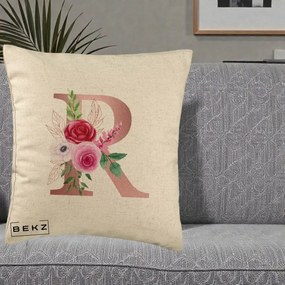 Cadou Personalizat - Perna Personalizata Monograma Rose Gold Litera R, 40x40 cm, Bej, Husa Detasabila, Perna Inclusa, BEKZ®